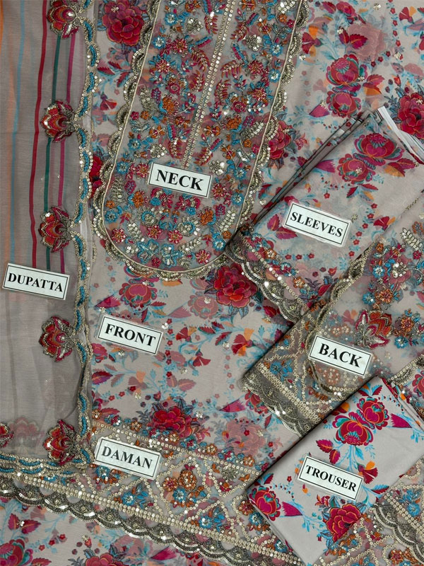 Chiffon Heavy Embroidered Dress With Embroidered Chiffon Dupatta (Unstitched) (ST306) - Image 3