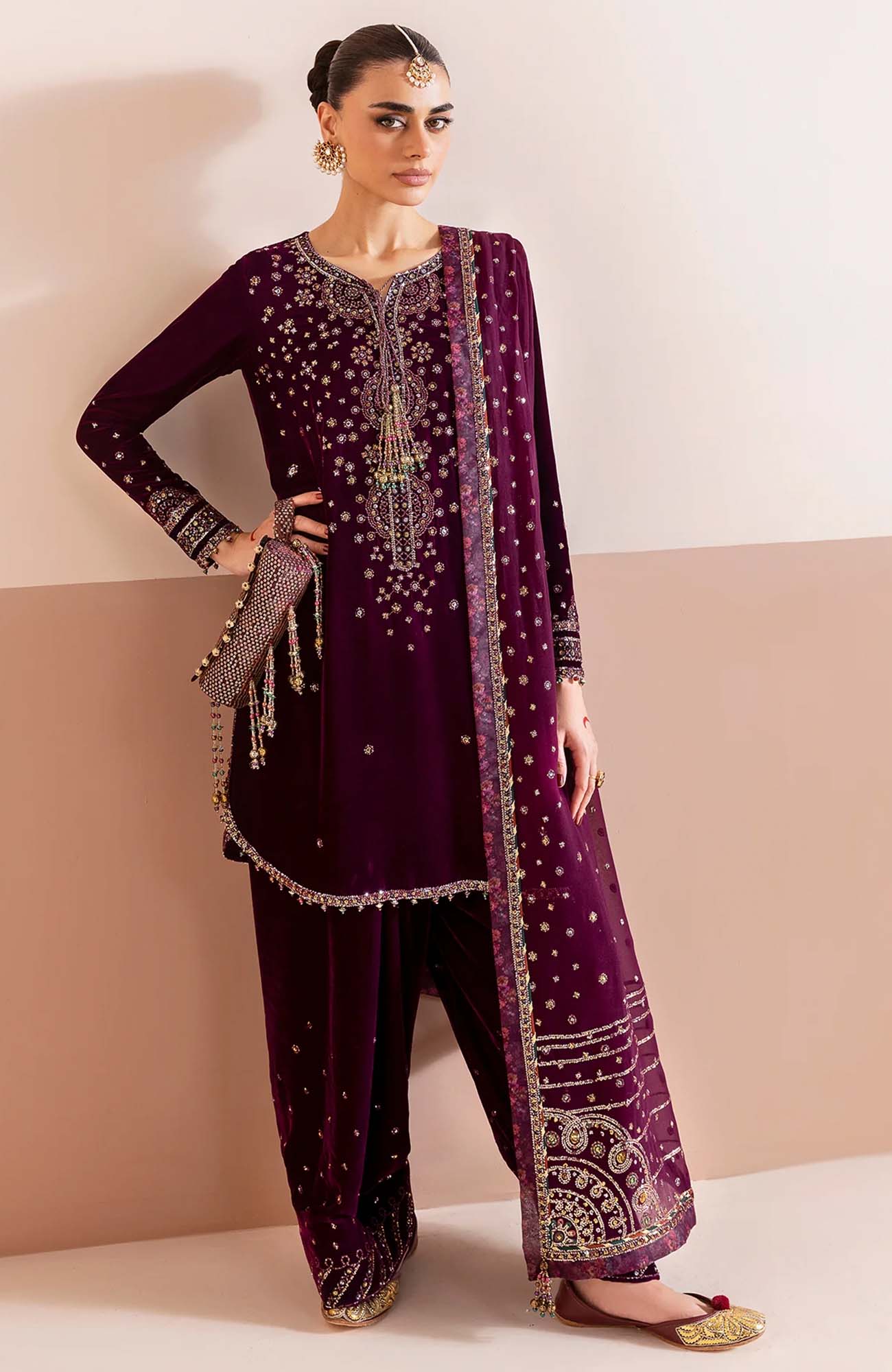 Velvet Heavy Embroidered Dress With Chiffon Embroidered Dupatta (Unstitched) (ST301)