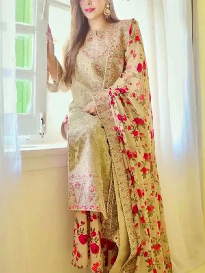 Aneela's Design Heavy Embroidered Chiffon Dress With Silk Trouser (Unstitched) (ST305)