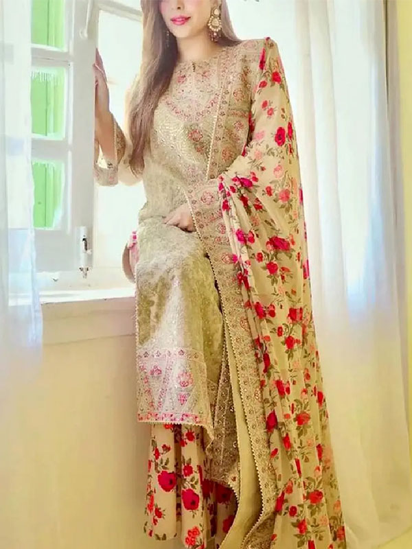Aneela's Design Heavy Embroidered Chiffon Dress With Silk Trouser (Unstitched) (ST305)