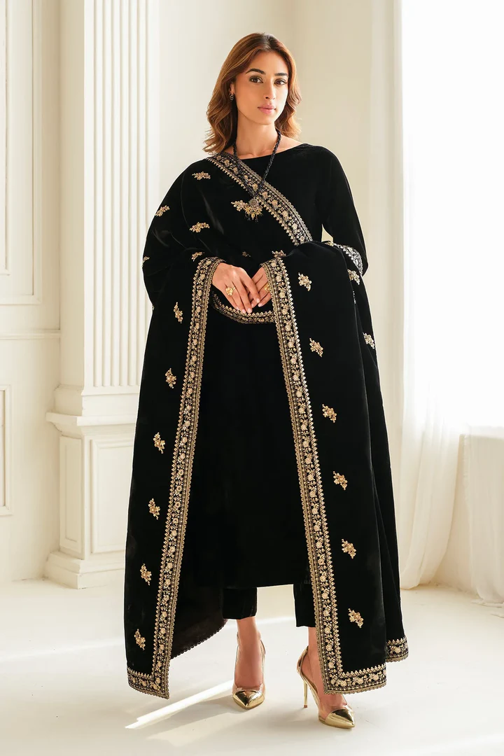 Elegant Velvet Suite Plain Velvet Shirt & Trouser Heavy Embroidered Velvet Shawl (Unstitched) (ST303)