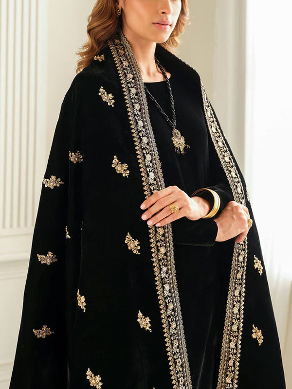Elegant Velvet Suite Plain Velvet Shirt & Trouser Heavy Embroidered Velvet Shawl (Unstitched) (ST303) - Image 2