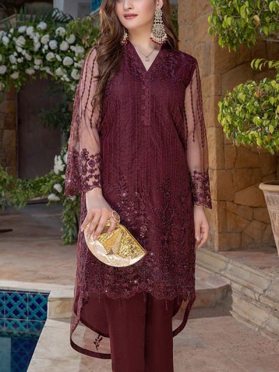 NET Sequins Full Heavy Embroidered 2 Pec Dress (Shirt + Trouser) (Unstitched) (ST346)