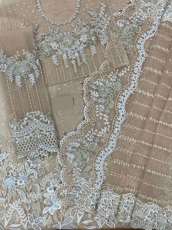 NET Heavy Sequence Embroidered Pearls Work Saree 7 Yard (Unstitched) (ST351) - Image 3