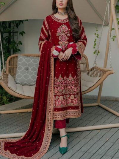 ANEELA'S Velvet Heavy Embroidered Dress With Velvet Embroidered Shawl (Unstitched) (ST349)