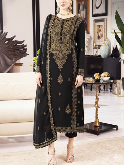 Black Chiffon Heavy Embroidered Spengle Dress With Chiffon Embroidered Dupatta (Unstitched) (ST332)