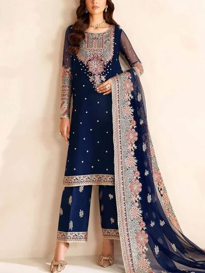 Embroidered Navy Blue Chiffon Party Wear Dress With Embroidered Chiffon Dupatta (Unstitched) (ST333)