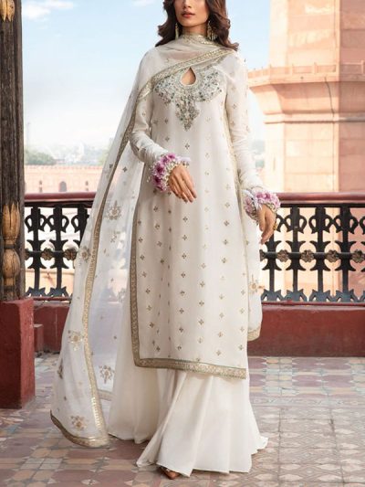 Graceful Embroidered White Chiffon Dress With 4-Sided Embroidered NET Dupatta (Unstitched) (ST335)
