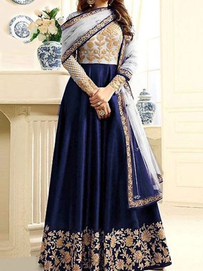 Chiffon Organza Embroidered Blue Frock Dress Unstitched (ST330)
