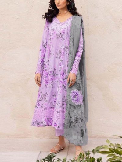Lawn Schiffli Embroidered All-Over Printed Dress with 4 Side Heavy Embroidery Chiffon Dupatta (Unstitched) (ST338)