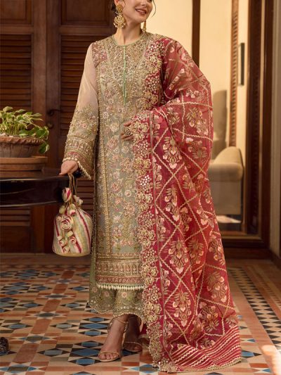 Luxury Handcrafted & Heavy Embroidered Organza Bridal Dress (Unstitched) (ST359)