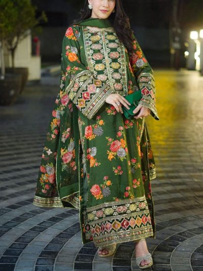 Shamoze Silk Orignal Heavy Embroidered Bunches Dress With 4 Sided Heavy Embroidery Silk Dupatta (Unstitched) (ST365)