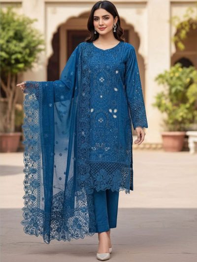 Cotton Heavy Embroidered Chicken Karri Dress With 4-Sided Embroidered Chiffon Dupatta (Unstitched) (ST377)