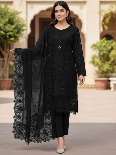 Cotton Heavy Embroidered Chicken Karri Dress With 4-Sided Embroidered Chiffon Dupatta (Unstitched) (ST388)