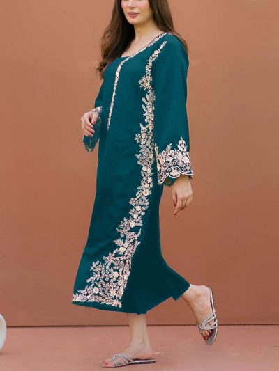 2 PCs Heavy Embroidered Cotton Dress With Embroidered Trouser (Unstitched) (ST411)