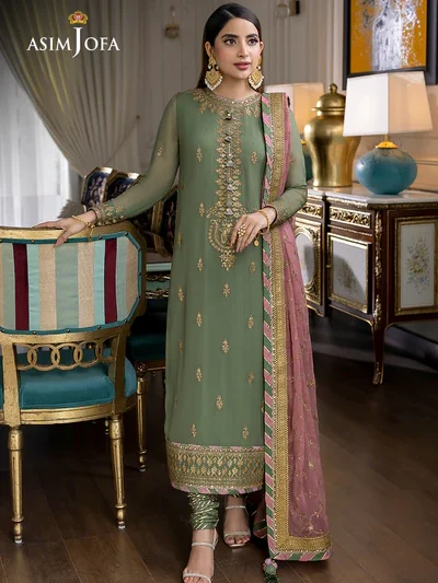 Elegant Chiffon Heavy Embroidered Dress With Heavy Embroidered Chiffon Dupatta Jamawer Trouser (Unstitched) (ST426)