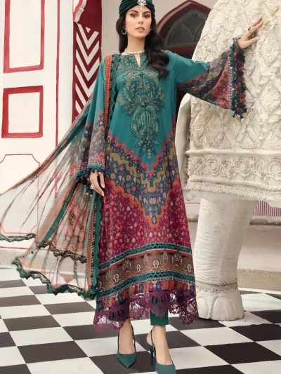 Luxury Digital Printed Lawn Embroidered Dress With Printed 4-Sided Chiffon Dupatta (Unstitched) (ST370)
