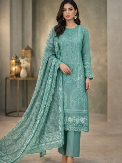 Luxury Lawn Boring Chikankari Embroidered Dress With 4-Sided Chiffon Embroidered Dupatta (Unstitched) (ST392)