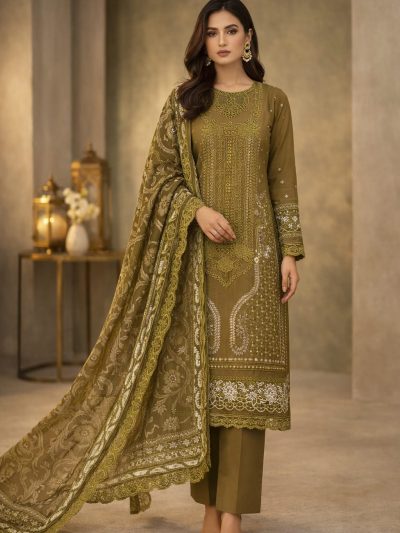 Luxury Lawn Boring Chikankari Embroidered Dress With 4-Sided Chiffon Embroidered Dupatta (Unstitched) (ST391)