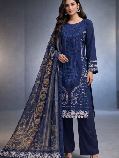 Luxury Lawn Boring Chikankari Embroidered Dress (Dark Blue) With 4-Sided Chiffon Embroidered Dupatta (Unstitched) (ST389)