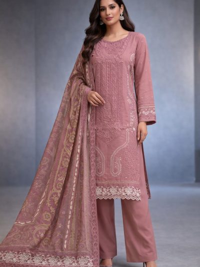 Luxury Lawn Boring Chikankari Embroidered Dress With 4-Sided Chiffon Embroidered Dupatta (Unstitched) (ST390)