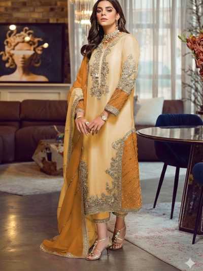 Elegant Organza Heavy Embroidered Dress With Embroidered Organza Dupatta 3 Pec Suit (Unstitched) (ST395)