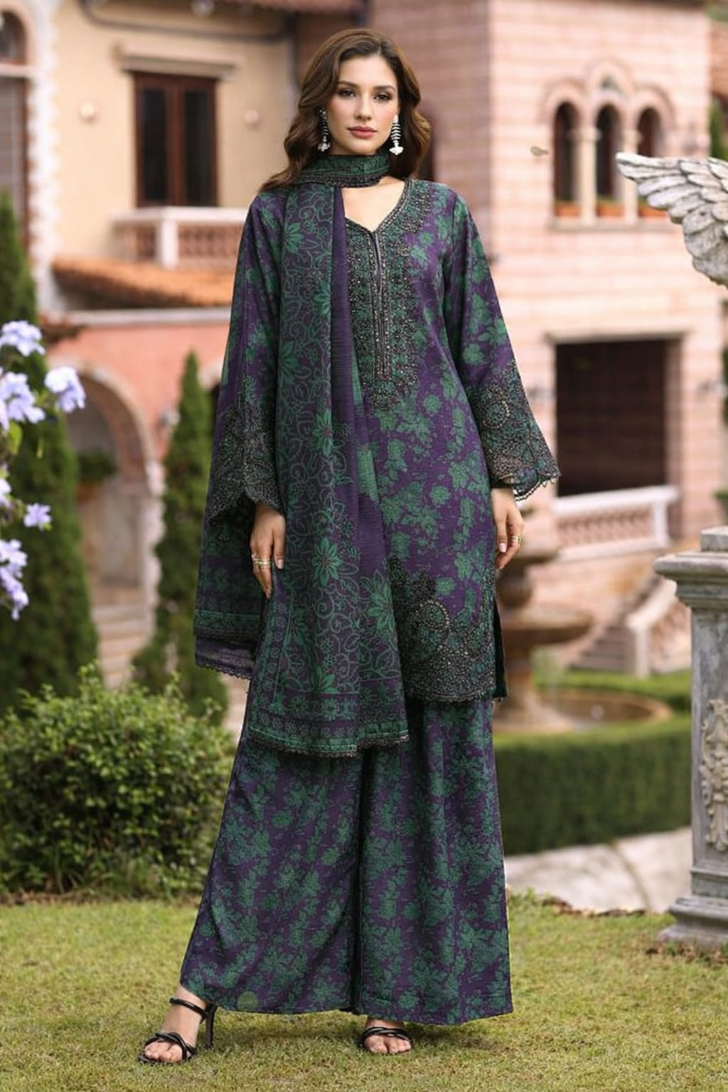 All-Over Printed Embroidered Lawn Dress with 4-Sided Embroidered Chiffon Dupatta (Unstitched) (ST406)
