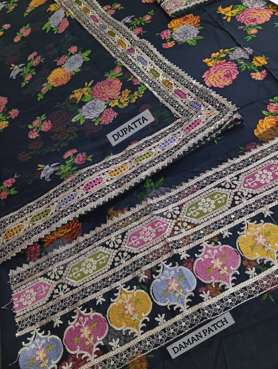 Aneela's Digital Print Lawn Embroidered Black Dress with 4-Sided Embroidered Chiffon Dupatta (Unstitched) (ST415) - Image 4