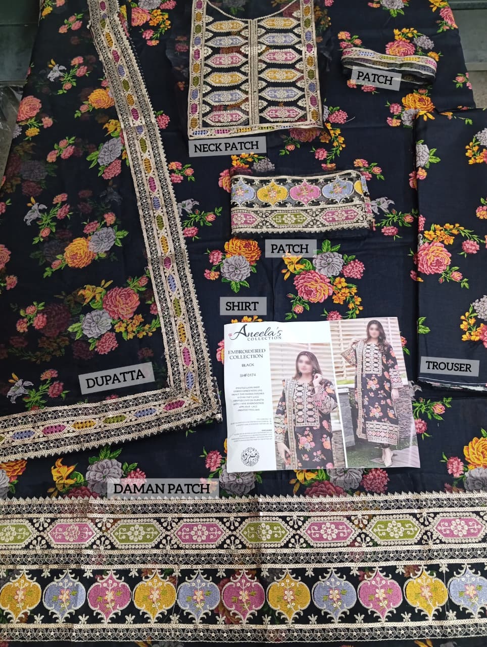 Aneela's Digital Print Lawn Embroidered Black Dress with 4-Sided Embroidered Chiffon Dupatta (Unstitched) (ST415) - Image 2