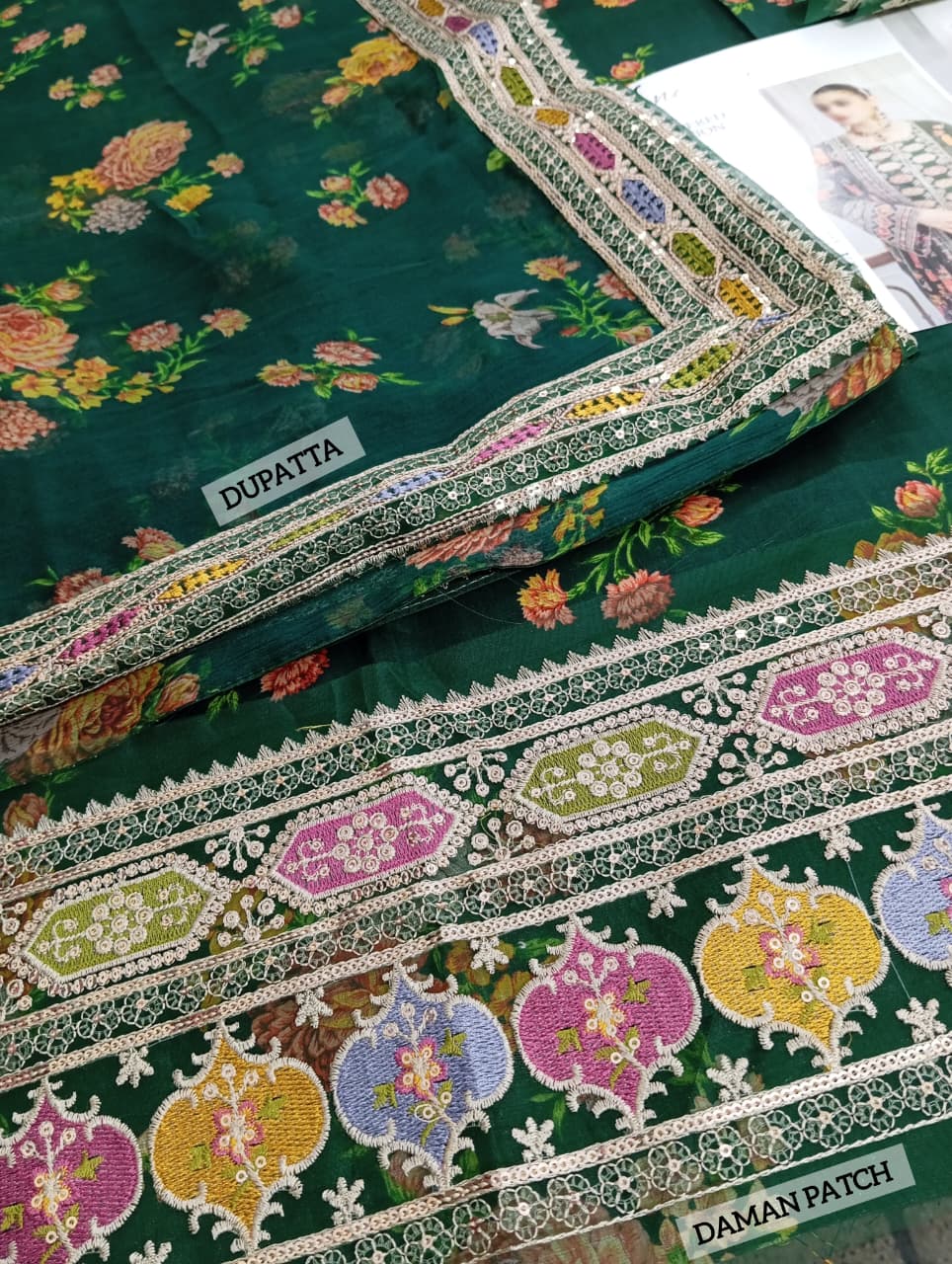 Aneela’s Digital Print Lawn Embroidered Dress with 4-Sided Embroidered Chiffon Dupatta (Unstitched) (ST416) - Image 4