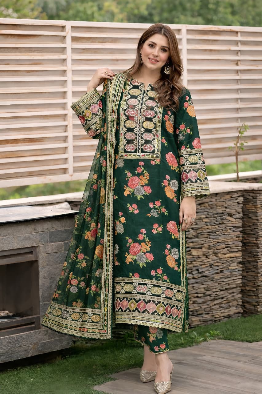 Aneela’s Digital Print Lawn Embroidered Dress with 4-Sided Embroidered Chiffon Dupatta (Unstitched) (ST416)