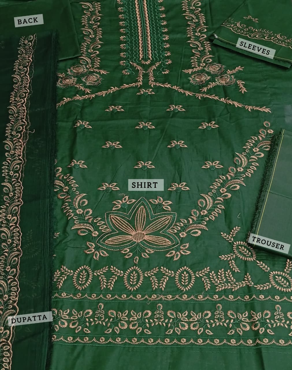 Elegant Embroidered Bottle Green Lawn Cotton Dress with 4 Sided Embroidery Chiffon Dupatta (ST425) - Image 2