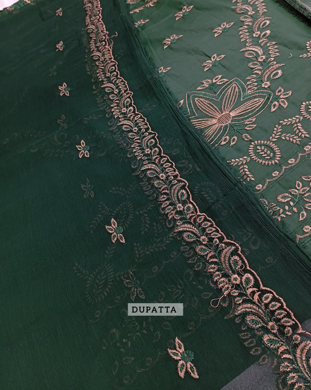 Elegant Embroidered Bottle Green Lawn Cotton Dress with 4 Sided Embroidery Chiffon Dupatta (ST425) - Image 4