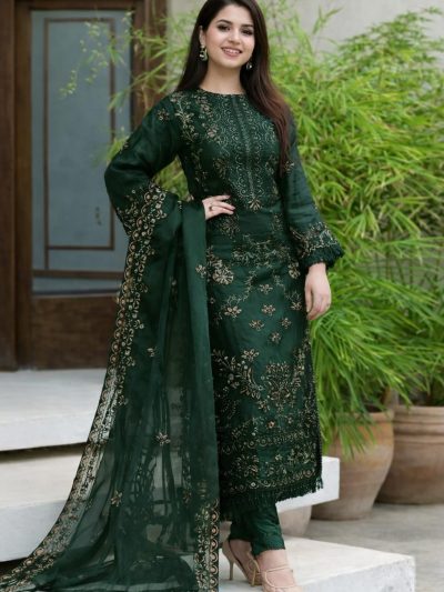 Elegant Embroidered Bottle Green Lawn Cotton Dress with 4 Sided Embroidery Chiffon Dupatta (ST425)
