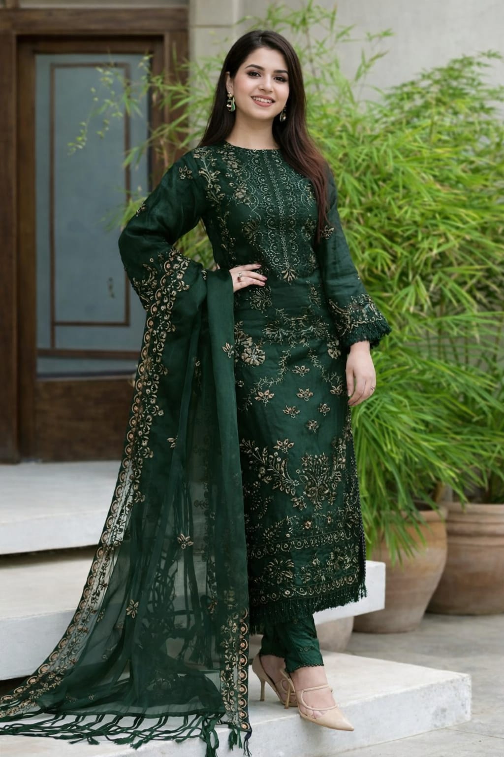 Elegant Embroidered Bottle Green Lawn Cotton Dress with 4 Sided Embroidery Chiffon Dupatta (ST425)