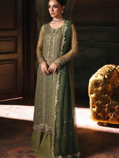 Charizma Mehndi Green Chiffon Heavy Embroired Dress With Embroidered Chiffon Dupatta (Unstitched) (ST428)