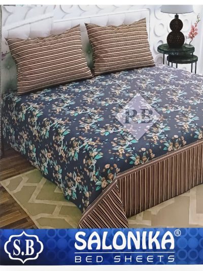 Solanika 3 Piece Cotton Dark Blue Floral Bed sheet King Size