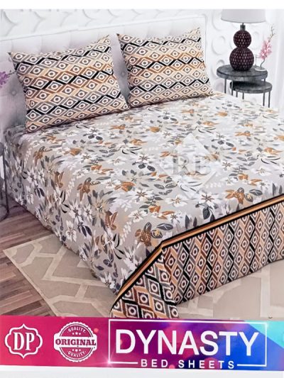 Dynasty 3 Piece Cotton Flower Leaf Print With Diamond Pattern Bed sheet King Size Double