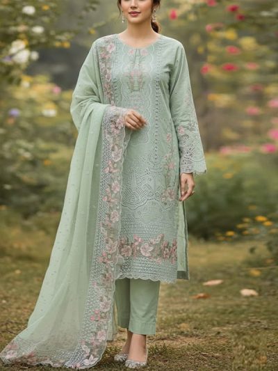Lawn Boring Chicken kari Heavy Embroidered Dress With Embroidered Chiffon Dupatta (Unstitched) (ST368)