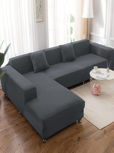 L-Shape Sofa Cover 6 Seater (3+3) Standard Size Stretchable Elastic Fitted Solid Color Jersey Cover - Grey