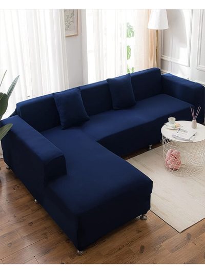L-Shape Sofa Cover 7 Seater (4+3) Standard Size Stretchable Elastic Fitted Solid Color Jersey Cover - Dark Blue