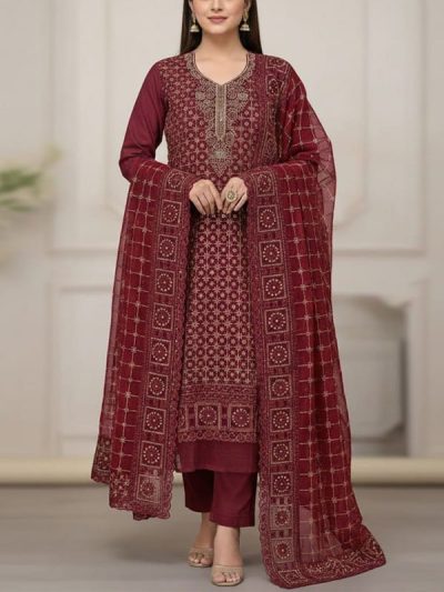 Luxury Cotton Sequence Embroidered Dress With Chiffon Sequence Embroidered Dupatta (Unstitched) (ST372)