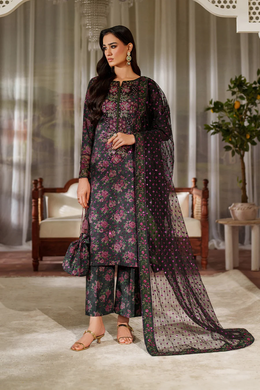Iznik Luxury Printed Embroidered Lawn Dress with 4-Sided Embroidered Chiffon Dupatta (Unstitched) (ST446)