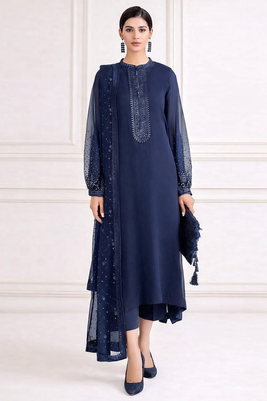 Decent Luxurious Chiffon Heavy Embroidered Party Wear Dress with 4-Sided Embroidered Chiffon Dupatta (Unstitched) (ST430)