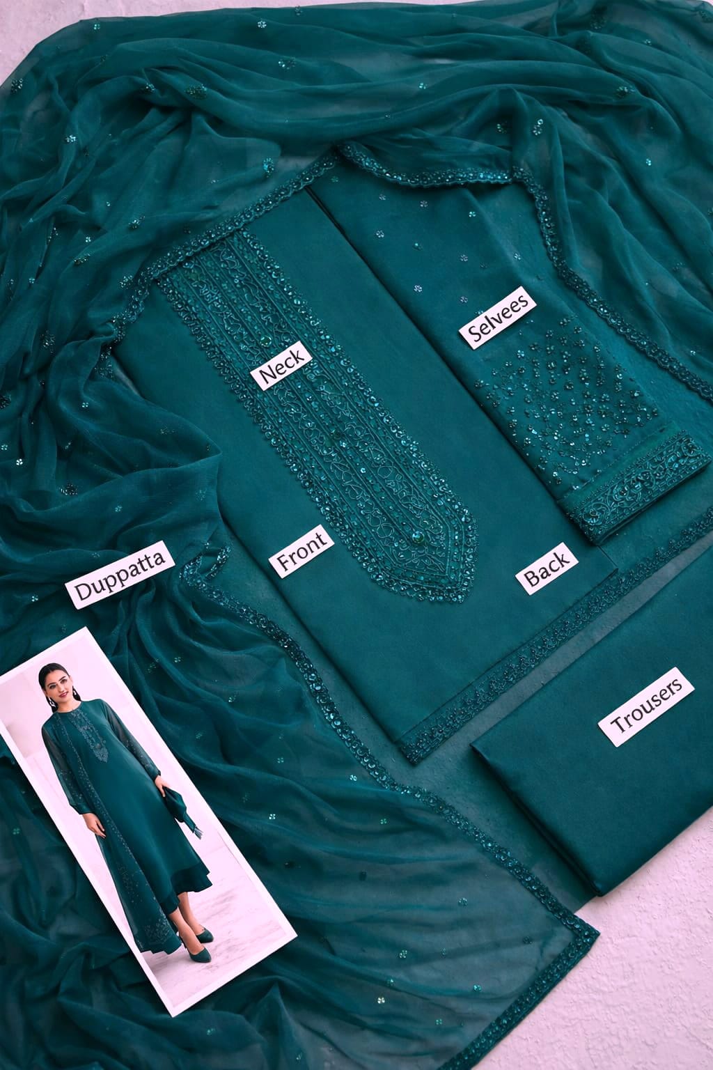 Decent Luxurious Chiffon Heavy Embroidered Party Wear Dress with 4-Sided Embroidered Chiffon Dupatta (Unstitched) (ST431) - Image 2