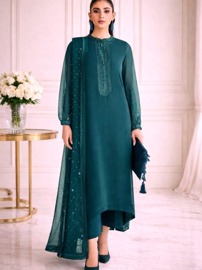 Decent Luxurious Chiffon Heavy Embroidered Party Wear Dress with 4-Sided Embroidered Chiffon Dupatta (Unstitched) (ST431)