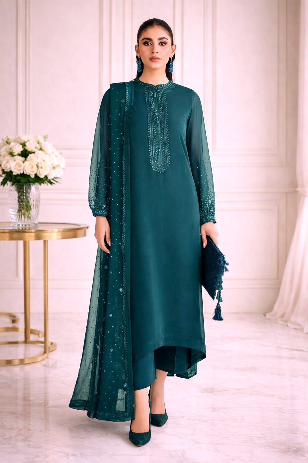 Decent Luxurious Chiffon Heavy Embroidered Party Wear Dress with 4-Sided Embroidered Chiffon Dupatta (Unstitched) (ST431)