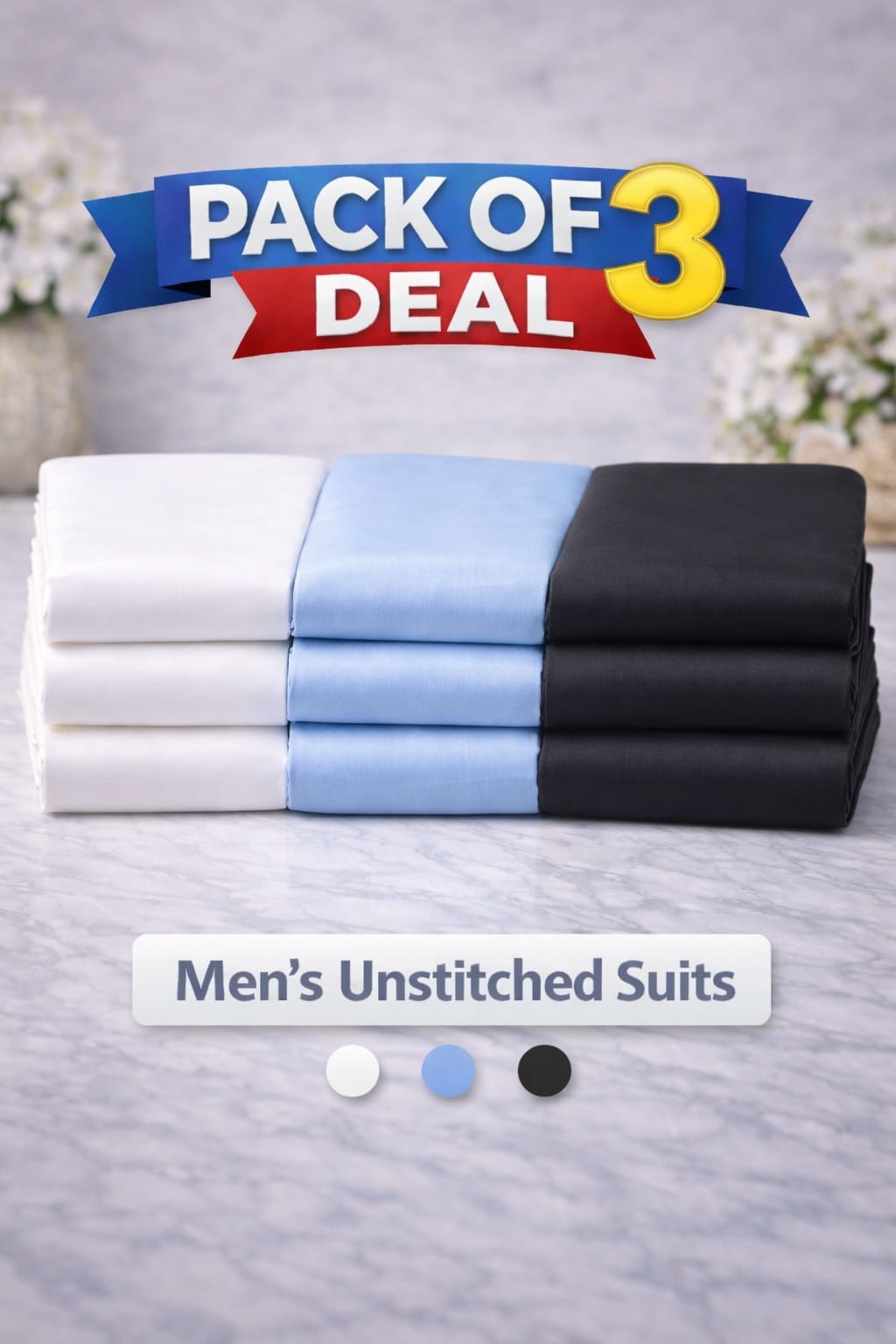 Pack of 3 - Wash n Wear Best Men's Kameez Shalwar Unstitched (Black White Sky Blue) (ST-Deal-103)