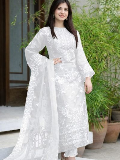 Luxury White Lawn Heavy Embroidered Dress With 4 Sided Embroidery Chiffon Dupatta 3 Pec Suite (UnStitched) (ST432)