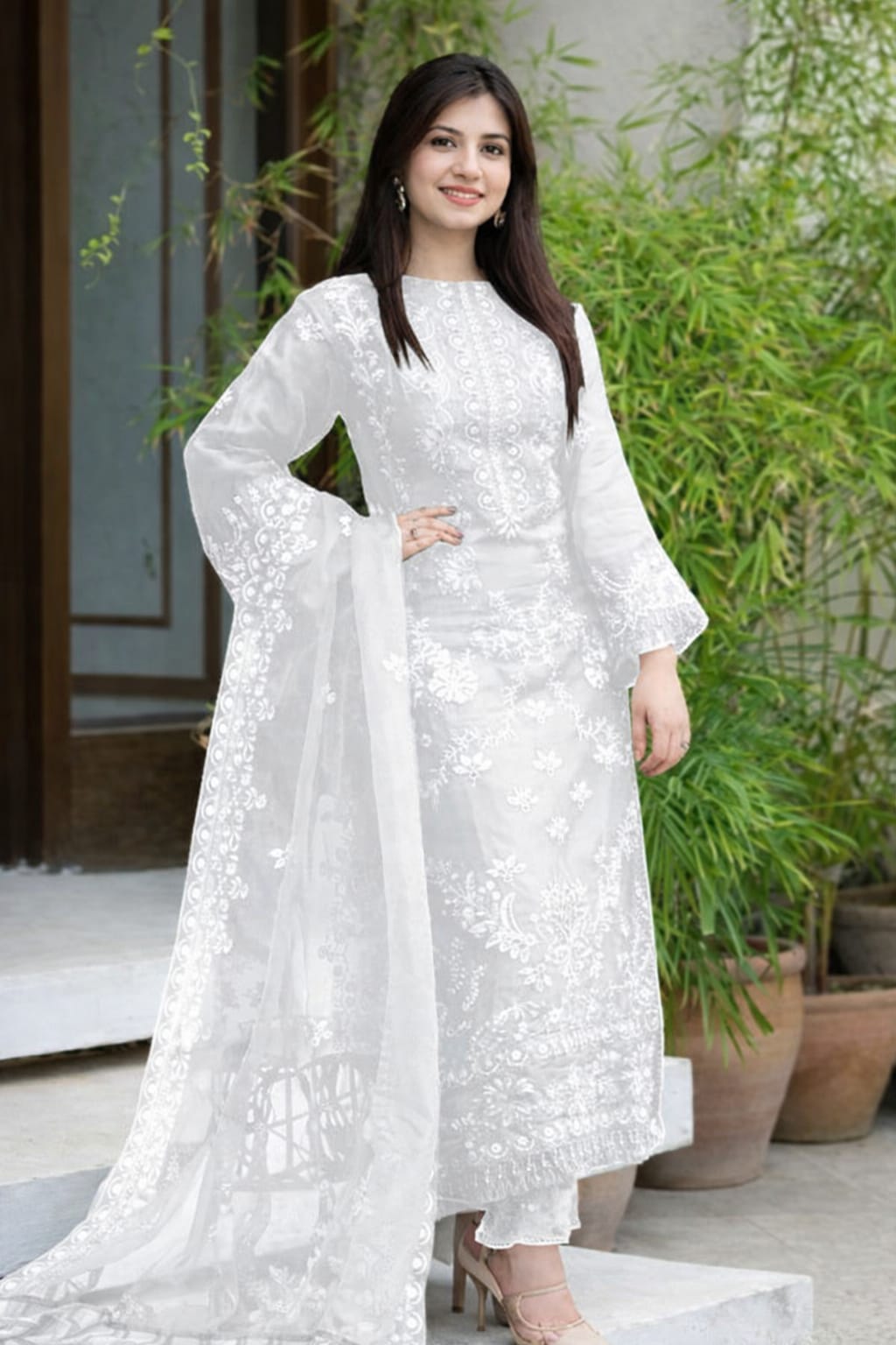 Luxury White Lawn Heavy Embroidered Dress With 4 Sided Embroidery Chiffon Dupatta 3 Pec Suite (UnStitched) (ST432)